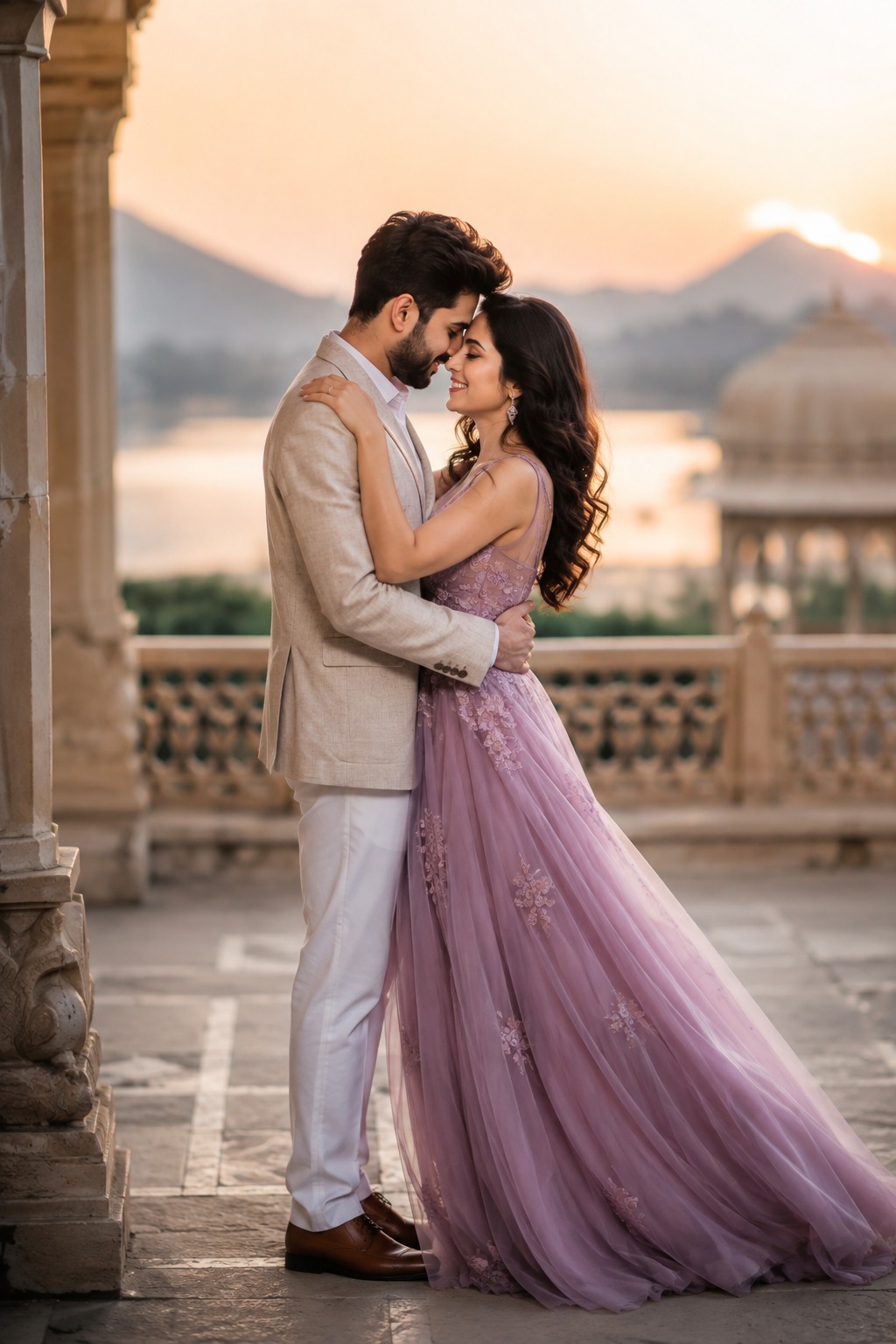 Couple at a palace terrace at sunset
